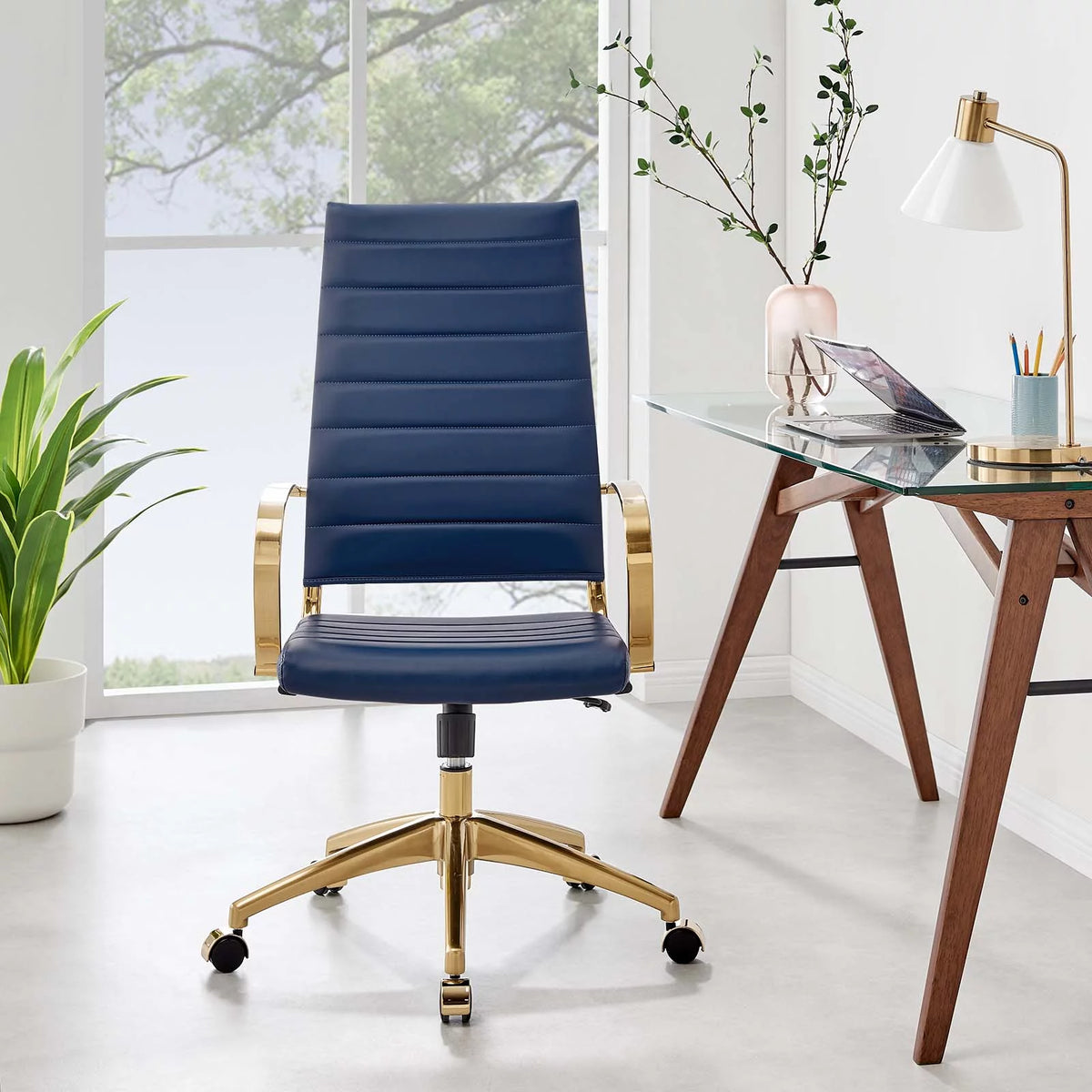 Navy Gold Faux Vinyl Leather High Back Chair I437