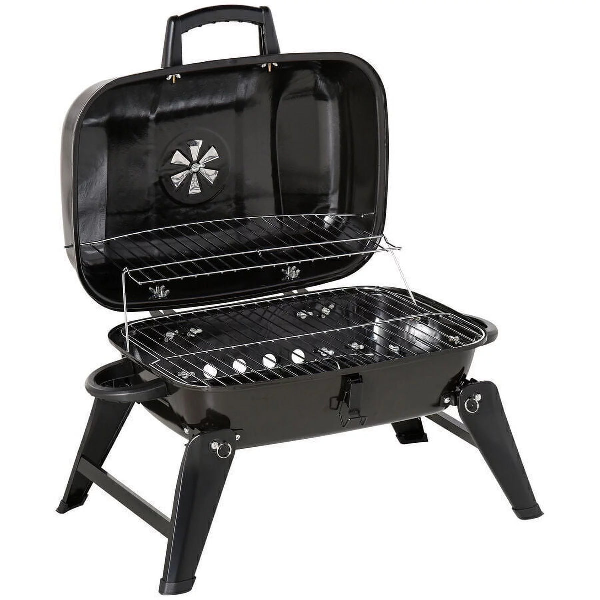 Portable Charcoal Grill, Tabletop Small BBQ Grill, Enamel Coated, Folding Legs, Black Q430