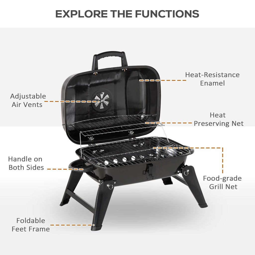 Portable Charcoal Grill, Tabletop Small BBQ Grill, Enamel Coated, Folding Legs, Black Q430